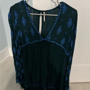 Free People Bohemian Green Top with Blue Accents